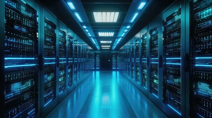 Obraz premium Futuristic server room with glowing blue racks, symbolizing cybersecurity, data processing, and cloud computing. Ideal for IT, networking, and digital security themes