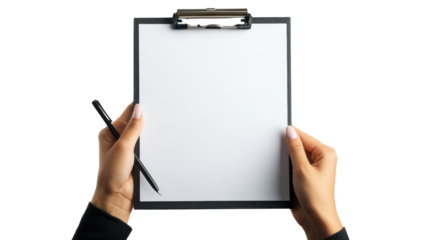 A close-up of a person's hands holding a blank clipboard, ready for notes or ideas. Ideal for demonstrating planning or organization concepts.