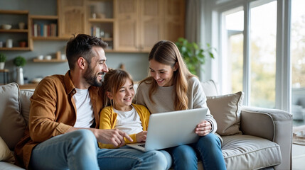 Happy Family Homeowners Watching Laptop on Couch in Cozy Modern Apartment