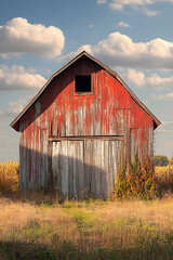 Rural Nostalgia: Echoes of the Past in a Weathered Wooden Barn Amidst a Rolling Field Under Blue Skies