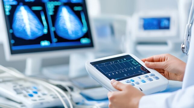 A healthcare professional operates medical equipment while reviewing mammogram images, highlighting the importance of breast cancer screening and diagnostics.