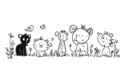 Cute cartoon animals in a grassy field.  Simple black and white line art.  Friendly, playful wildlife illustration.  Perfect for children's books, coloring pages, or nursery d?cor..