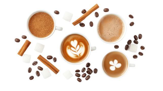 A collection of beautifully crafted coffee cups featuring various latte art, surrounded by coffee beans, sugar cubes, and cinnamon sticks.
