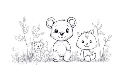 Cute cartoon animals in a grassy field, outlined in black ink, perfect for coloring books or children's activities.