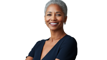A confident and smiling woman with silver hair, dressed in a navy outfit, showcasing professionalism and warmth, ideal for business and lifestyle themes.