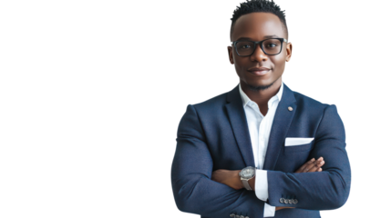 A confident business professional stands with arms crossed, wearing stylish glasses and a blazer. The image conveys professionalism and self-assurance.