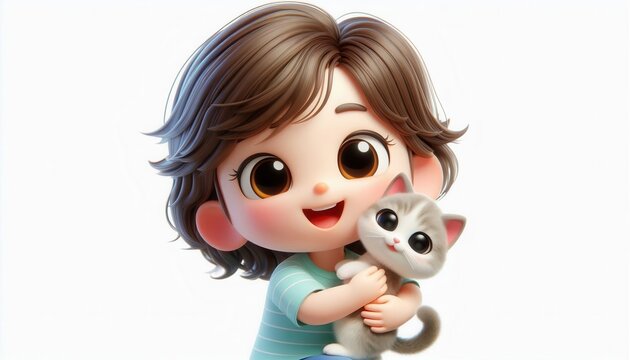 Child embracing adorable kitten home digital art cheerful environment close-up view joyful concept