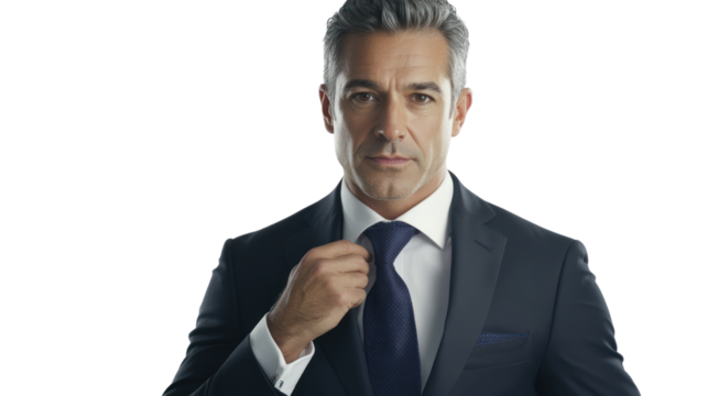 A confident businessman adjusting his tie in a formal suit, exuding professionalism and leadership. Ideal for corporate and lifestyle themes.