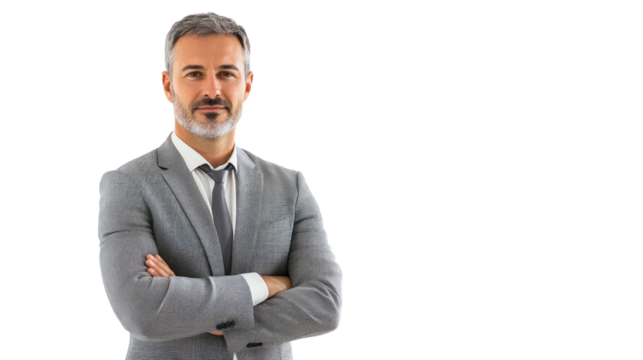 A confident businessman in a gray suit stands with crossed arms, exuding professionalism and readiness for the challenges of the corporate world.
