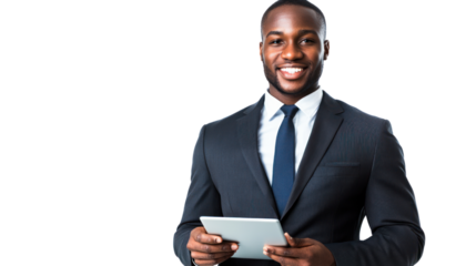 A confident businessman smiles while holding a tablet, dressed in formal attire. He represents professionalism and modern technology in the workplace.