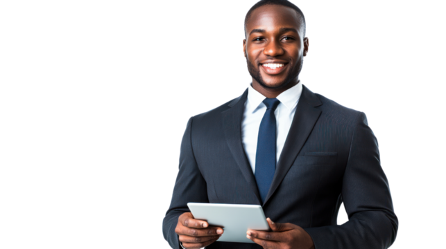 A confident businessman smiles while holding a tablet, dressed in formal attire. He represents professionalism and modern technology in the workplace.