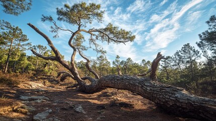 A photograph of a pine forest with fallen trees. World Environment Day.