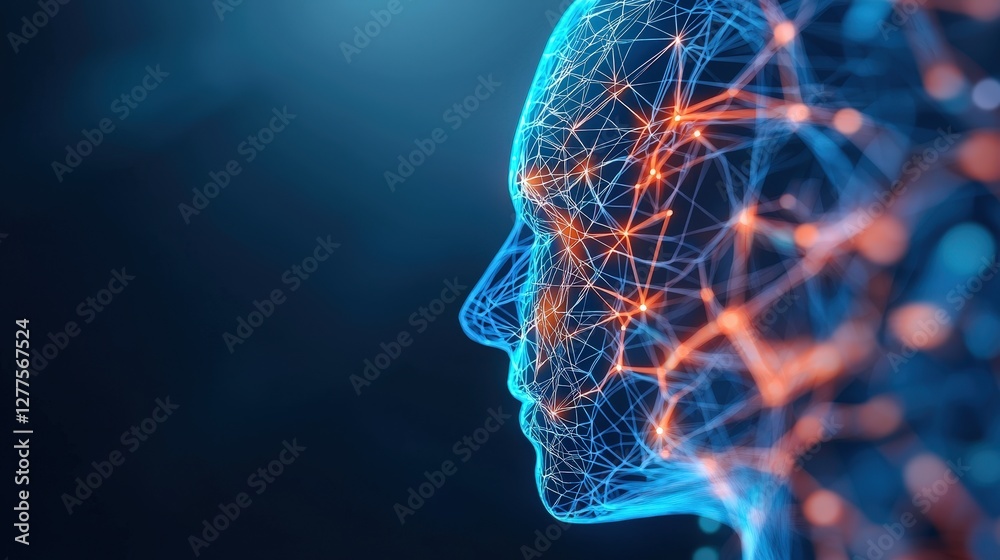 Poster a digital representation of a human head composed of interconnected lines and nodes, illustrating co