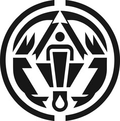 This bold logo design features a central figure surrounded by dynamic geometric shapes and arrows, symbolizing human waste management and environmental responsibility. The design incorporates elements