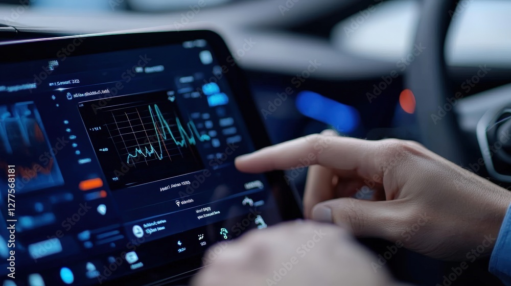 Poster a person interacts with a touchscreen display in a vehicle, showcasing data analytics and graphical 