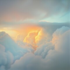 A serene view of soft clouds with a warm, glowing sunset peeking through, creating a tranquil and dreamy atmosphere.