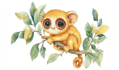 Obraz premium A cute orange monkey with large eyes sitting on a branch surrounded by green leaves