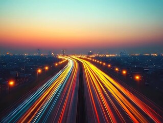 Dynamic traffic flow at dusk urban highway long exposure cityscape aerial view motion and light