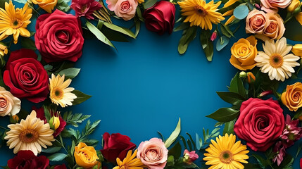 Obraz premium Blue Background Floral Arrangement with Roses and Sunflowers
