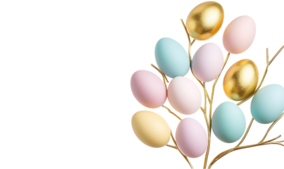 Colorful Easter eggs on golden branches. Possible use greeting card
