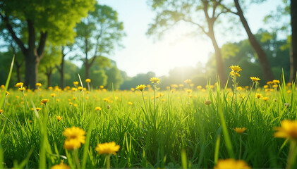 Blooming wildflowers in a lush green field nature photography springtime serenity bright sunlight vibrant landscape
