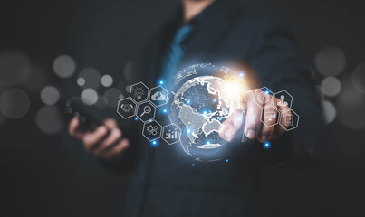 Goal, strategy, success, Businessman points to globe icon, Access to technologies from virtual Global Internet connection, Marketing strategy digital, Business Goals, Success