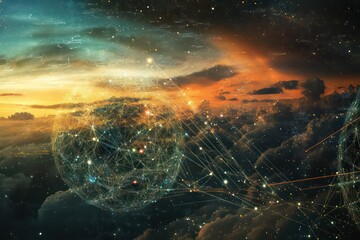 A conceptual graphic showcasing cloud data storage, global connectivity, and networking at twilight.