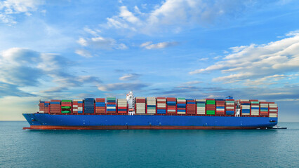 Cargo container Ship, cargo vessel ship carrying container and running for import export concept...