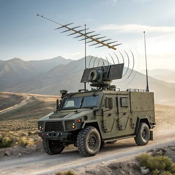 A military electronic warfare truck equipped with powerful jamming devices and radar detection systems. Antennas extend from the roof, emitting signals to disrupt enemy communications on a modern batt