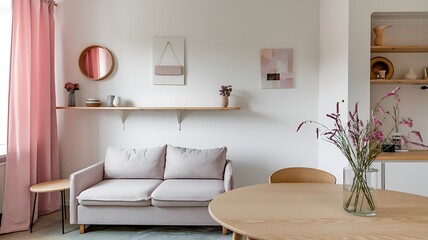 Minimalist Apartment Interior Design Neutral Colors, Light Wood, and Pink Accents