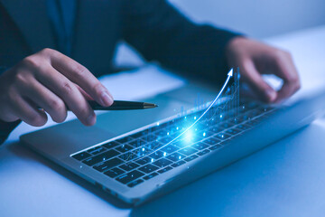 Fund investment concept, interest rate and dividend, Businessman show graph and arrow pointing up...