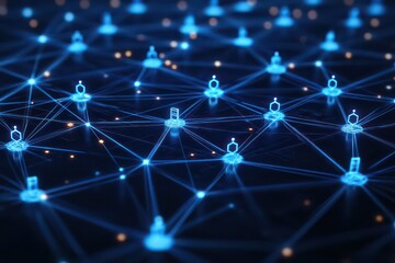 A conceptual image of a digital network with a blue circuit board, displaying data flow and connections in a cyber world.