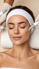 Close up of a relaxed woman getting a facial skincare treatment with a beauty device at a spa performed by a professional wearing gloves  

