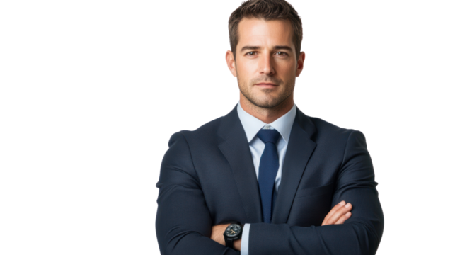 A confident businessman stands with arms crossed, exuding professionalism and determination in a polished suit. Ideal for corporate and leadership themes.