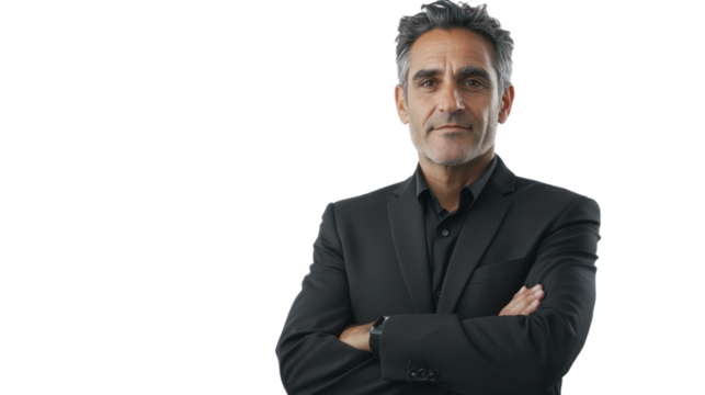 A confident businessman stands with arms crossed, exuding professionalism and leadership. Ideal for corporate and motivational themes.