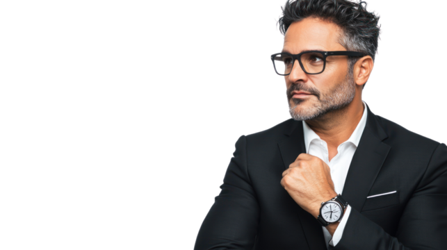 A confident businessman wearing glasses and a suit, showcasing a stylish watch while thoughtfully posing, representing professionalism and modern elegance.