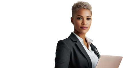 A confident businesswoman stands with a laptop, embodying professionalism and determination. She represents the modern workforce and leadership roles.