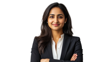 A confident businesswoman stands with arms crossed, exuding professionalism and leadership in a modern office setting.