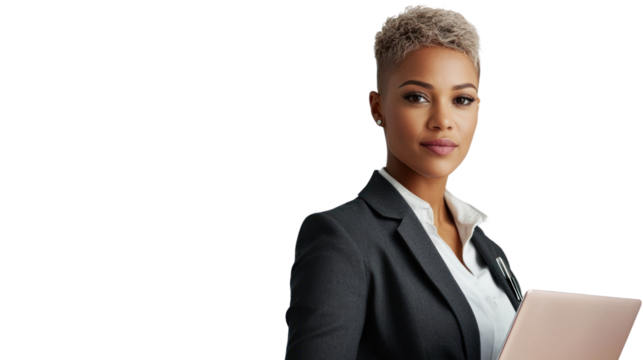 A confident businesswoman stands with a laptop, embodying professionalism and determination. She represents the modern workforce and leadership roles.