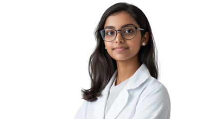 A confident female doctor wearing glasses and a lab coat, smiling at the camera. She embodies professionalism and dedication in the medical field.