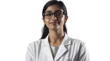A confident female scientist in a lab coat, wearing glasses and smiling. She represents the future of science and innovation in her professional environment.