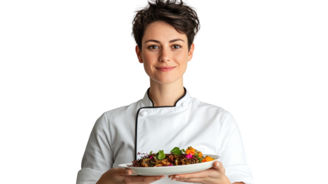 A confident chef presenting a beautifully plated dish in a modern kitchen, showcasing culinary skills and creativity. Perfect for food-related projects.