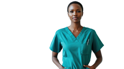 A confident healthcare professional in teal scrubs stands with hands on hips, showcasing dedication to patient care and medical expertise.