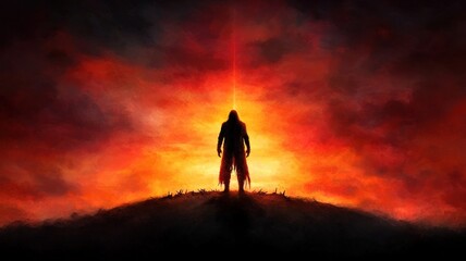 A warrior standing on a hill, gazing at the ruined battlefield, sword planted in the ground, dawn breaking, a symbol of hope and sorrow, high fantasy, painterly style