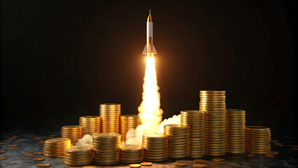 Rocket launching from stacks of gold coins.