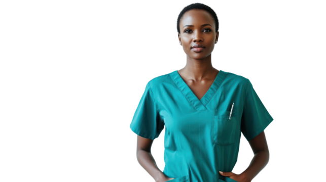 A confident healthcare professional in teal scrubs stands with hands on hips, showcasing dedication to patient care and medical expertise.