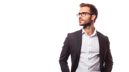 A confident man in a suit and glasses stands thoughtfully, representing professionalism and modern business attire, ideal for corporate themes.