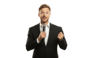 A confident man in a suit holds a microphone while delivering a speech. His engaging demeanor suggests he is sharing inspiring ideas with the audience.
