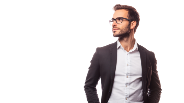 A confident man in a suit and glasses stands thoughtfully, representing professionalism and modern business attire, ideal for corporate themes.