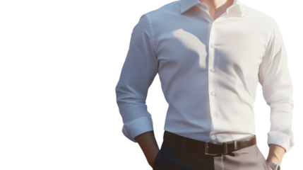 A confident man in a white shirt and dark pants stands with his hands in his pockets, exuding professionalism and style in a business setting.
